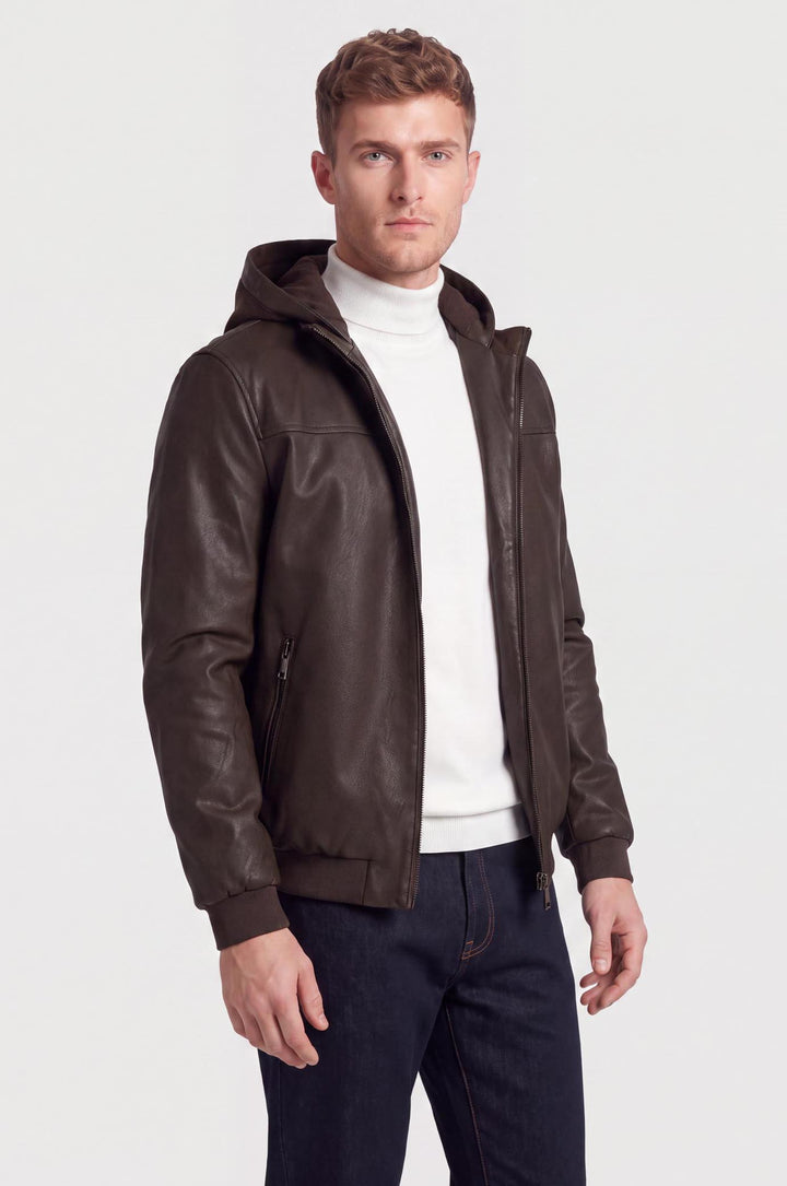 Giubbotto bomber effetto pelle con cappuccio|Colore:Moro