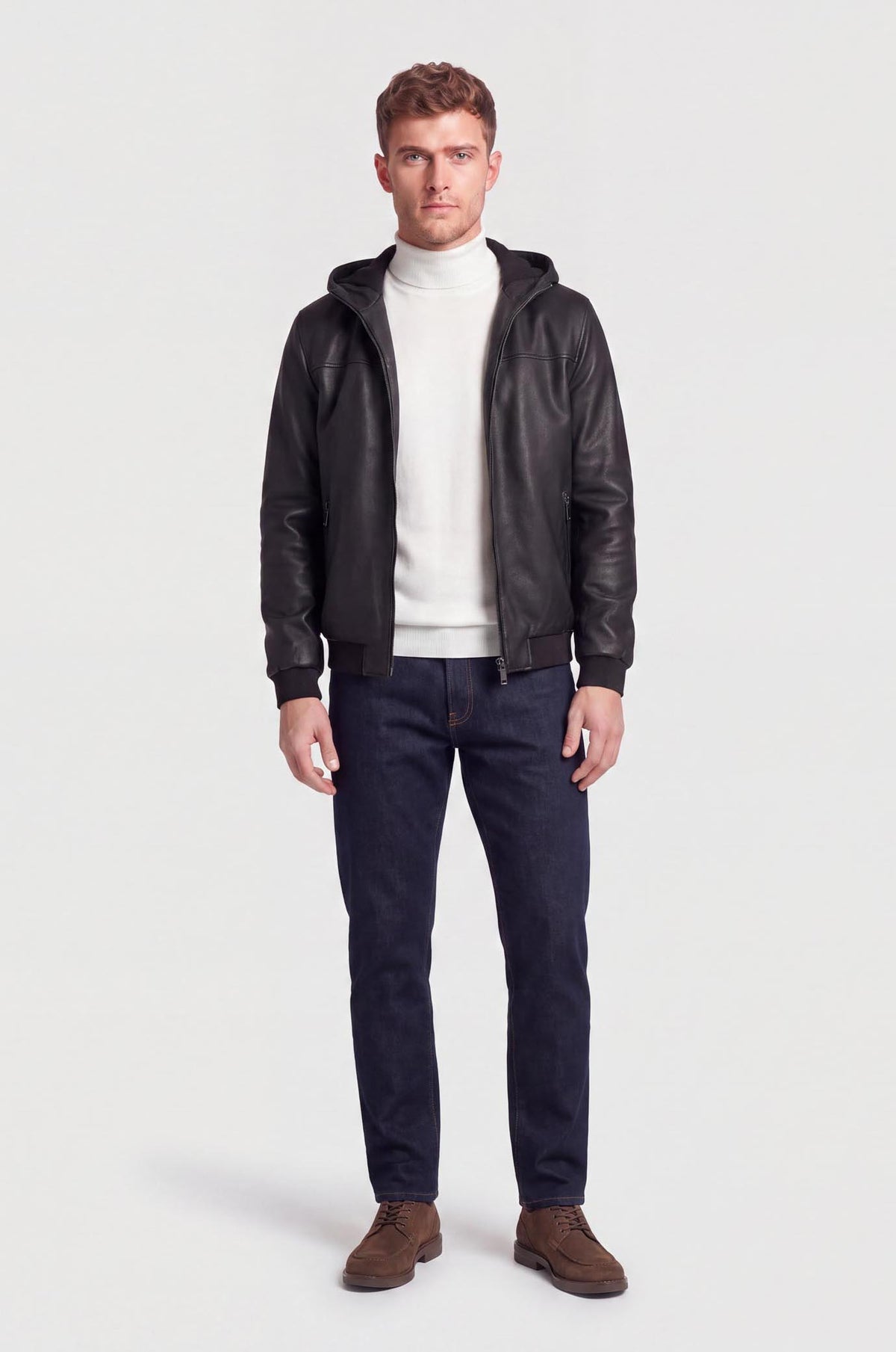 Giubbotto bomber effetto pelle con cappuccio|Colore:Nero