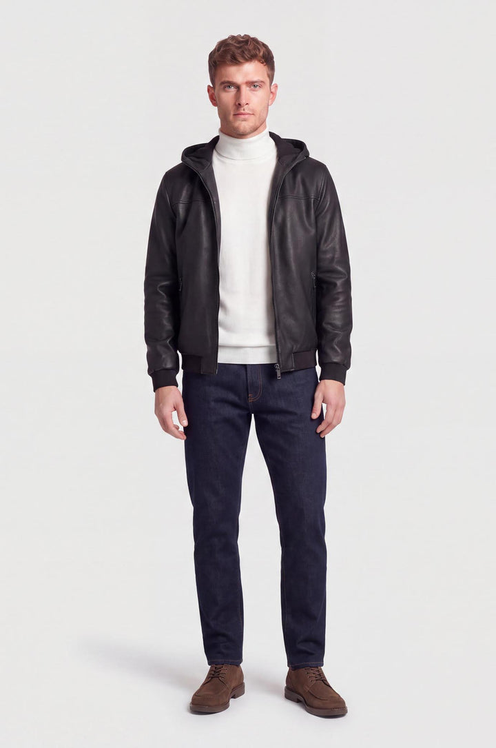 Giubbotto bomber effetto pelle con cappuccio|Colore:Nero