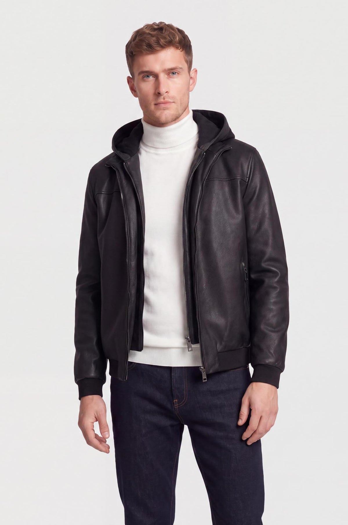 Giubbotto bomber effetto pelle con cappuccio|Colore:Blu