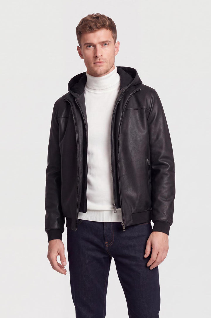 Giubbotto bomber effetto pelle con cappuccio|Colore:Blu