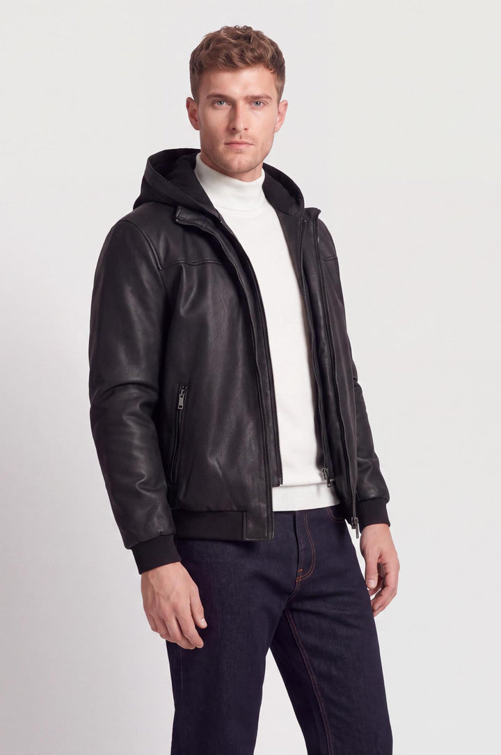Giubbotto bomber effetto pelle con cappuccio|Colore:Blu